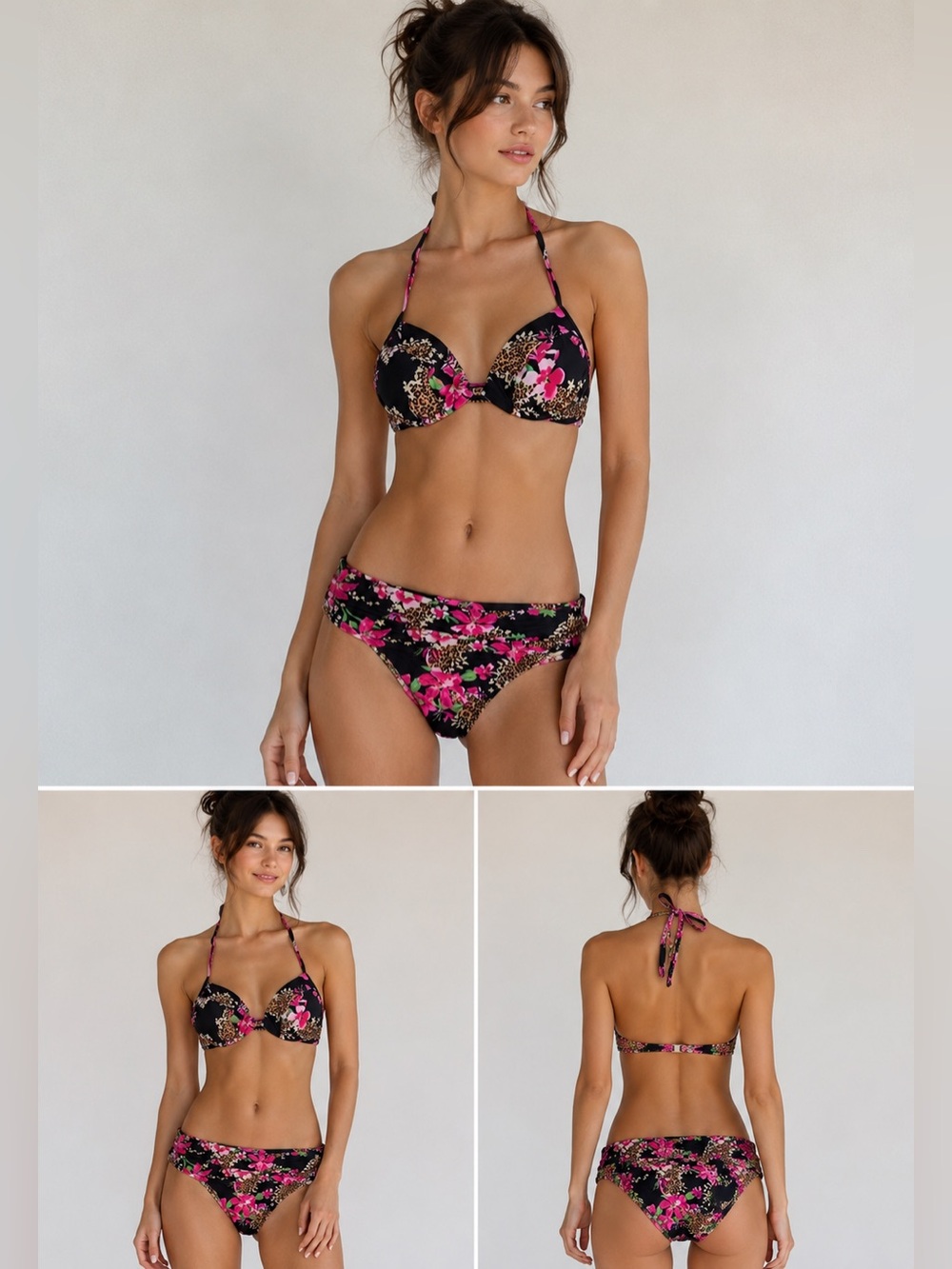 Victoria Secert Bikini 2 Piece Floral Print Black Pink Padded Top Sz S See Notes